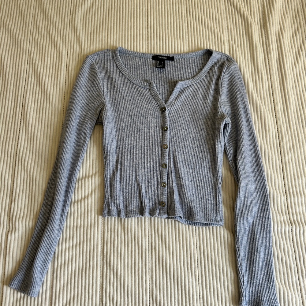 Gray Ribbed Button-Up Women's Top